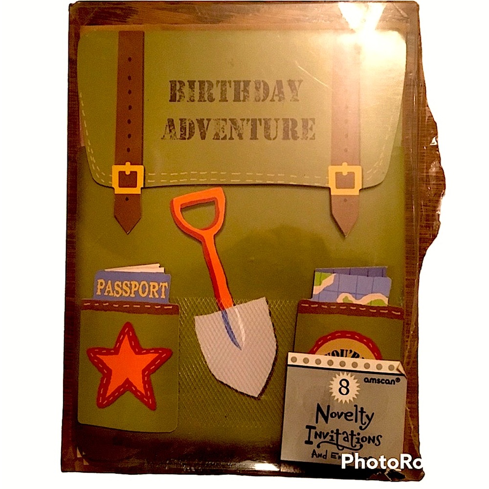 Cute back pack Themed party invitations Set of 8.